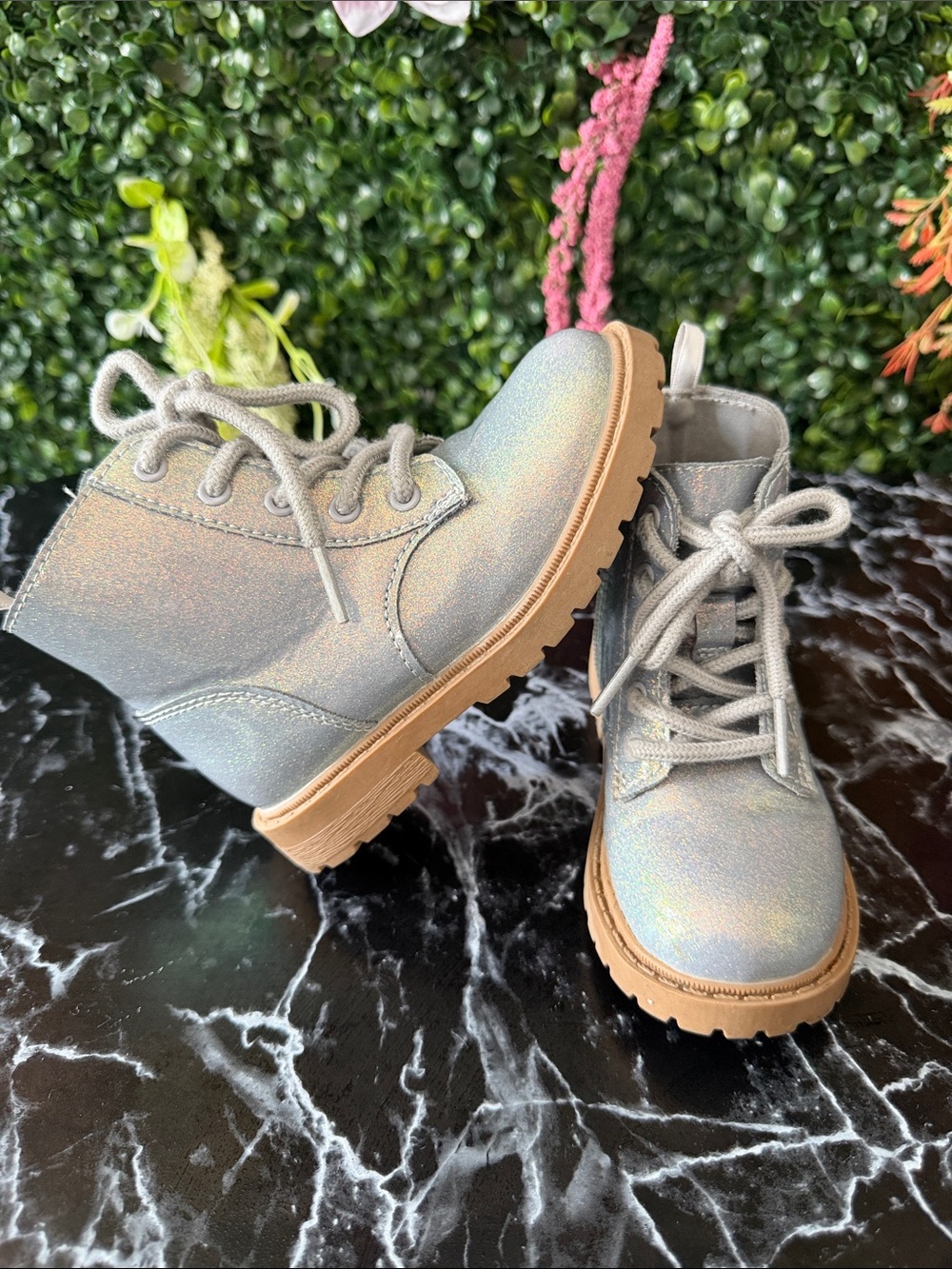 Old Navy Iridescent Silver Holographic Lace-Up Kids Boots